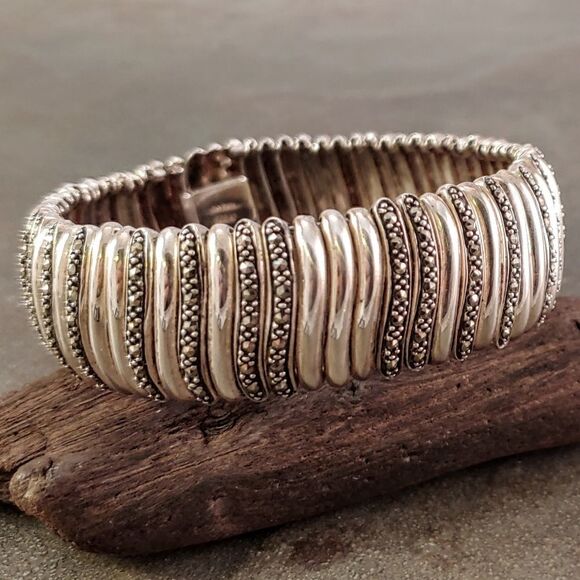 Vintage Sterling Marcasite Wave Flex Link Bracelet - Picture 3 of 6